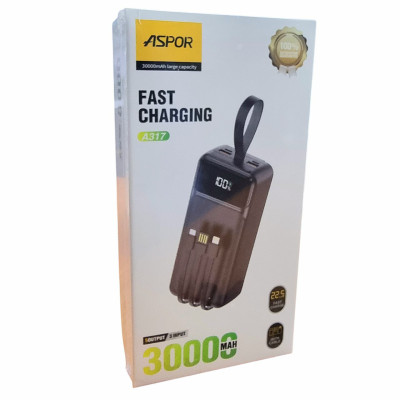Портативная батарея (Power Bank) Aspor A317 с кабелом (USB/Lightning/Type-C) (22.5W/PD) 30000mAh черный