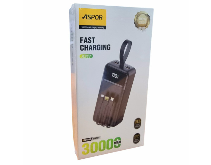 Портативная батарея (Power Bank) Aspor A317 с кабелом (USB/Lightning/Type-C) (22.5W/PD) 30000mAh черный