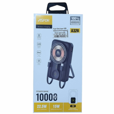 Портативная батарея (Power Bank) Aspor A328 с MagSafe + Charging Smart watch с кабелем (Lightning/Type-C) 10000mAh черный