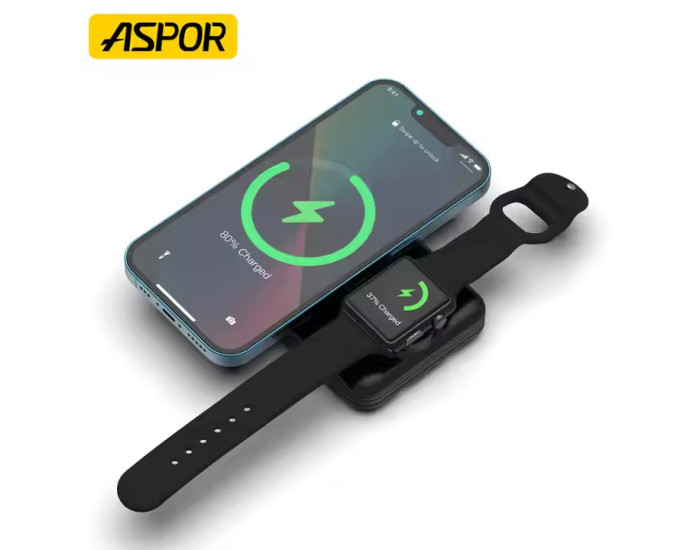 Портативная батарея (Power Bank) Aspor A328 с MagSafe + Charging Smart watch с кабелем (Lightning/Type-C) 10000mAh, черный

