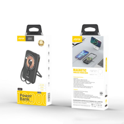 Портативная батарея (Power Bank) Aspor A327 с MagSafe с кабелем (Lightning/Type-C) (37Wh) 10000mAh белый