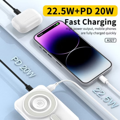 Портативная батарея (Power Bank) Aspor A327 с MagSafe с кабелем (Lightning/Type-C) (37Wh) 10000mAh белый