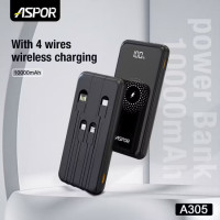 Портативна батарея Aspor A305 Wireless Charger 10000mAh (QC4.0+PD) 22.5W+ cable USB/Micro/Lightning/Type-C чорний