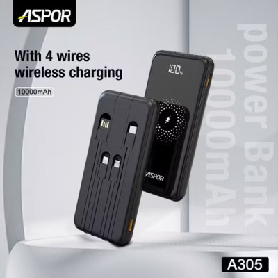Портативная батарея Aspor A305 Wireless Charger 10000mAh (QC4.0+PD) 22.5W+ cable USB/Micro/Lightning/Type-C Черный