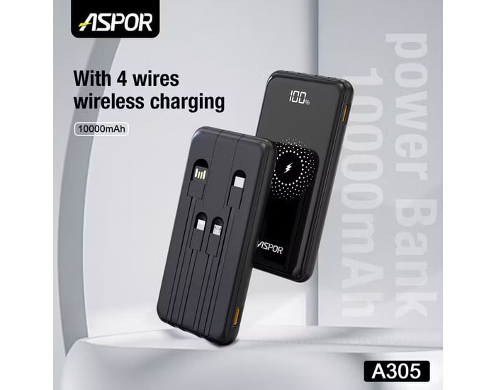 Портативная батарея (Power Bank) Aspor A305 Wireless Charger 10000mAh (QC4.0+PD) 22.5W+ cable USB/Micro/Lightning/Type-C, черный