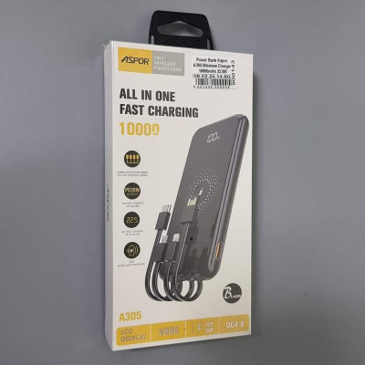 Портативная батарея Aspor A305 Wireless Charger 10000mAh (QC4.0+PD) 22.5W+ cable USB/Micro/Lightning/Type-C Черный