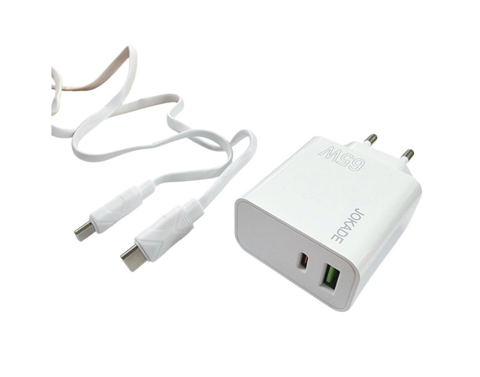Мережеве зарядний пристрій Jokade JB046 LISI PD65W (USB-A+USB-C) з кабелем (Type-C-Type-C) Білий