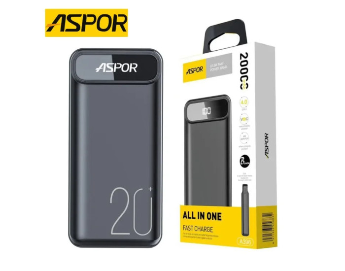 Портативная батарея (Power Bank) Aspor A396 Fast Charge (22.5W/PD)(USB-C) 20000mAh черный
