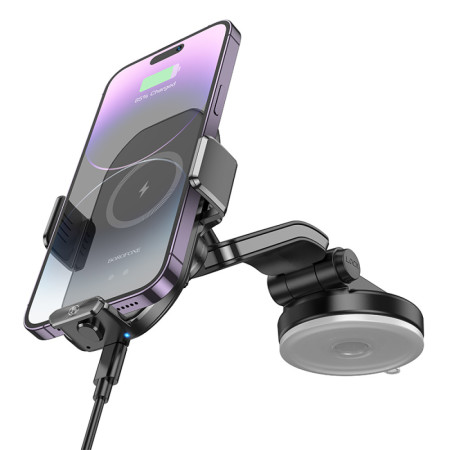 Автодержатель с беспроводной зарядкой Borofone H206 15W крепеж на стекло Black