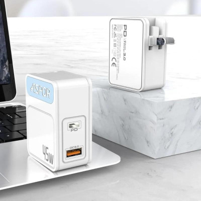 Мережеве зарядний пристрій Aspor A839 45W PD QC (UCB C+A) Білий