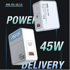 Сетевое зарядное устройство Aspor A839 45W PD QC (UCB C+A) Белый