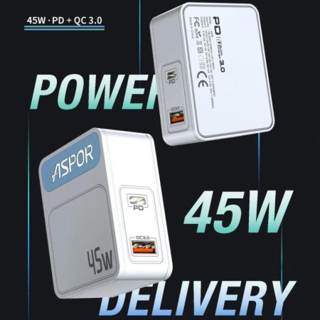 Сетевое зарядное устройство Aspor A839 45W PD QC (UCB C+A) Белый