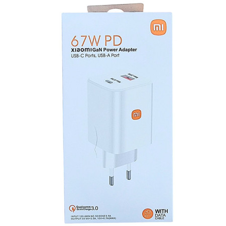 Сетевое зарядное устройство Xiaomi (MDY-EP-1406) GaN 67W PD (USB-A+USB-C) + USB кабель Type-C Белый