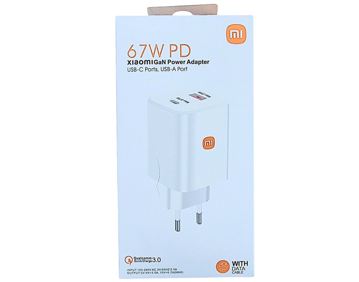 Мережеве зарядний пристрій Xiaomi (MDY-EP-1406) GaN 67W PD (USB-A+USB-C) + USB Кабель Type-C Білий