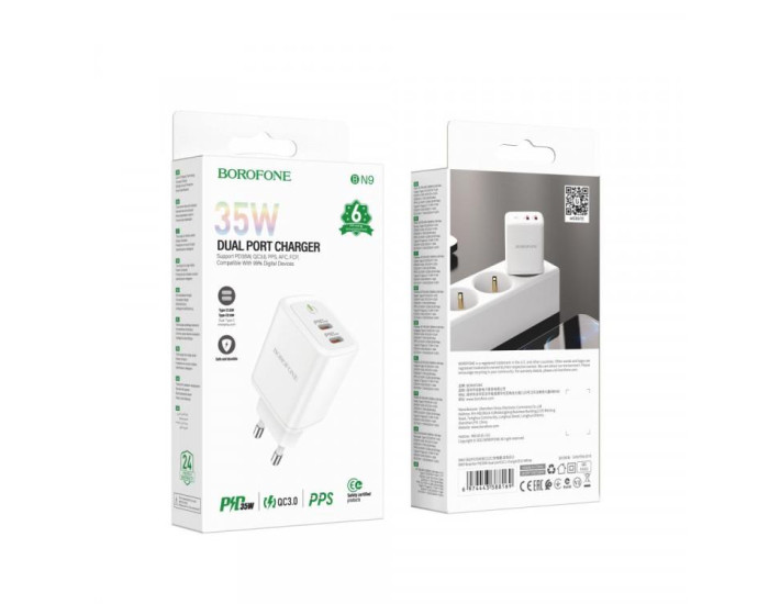 Мережеве зарядний пристрій Borofone BN9 Reacher PD35W (2 USB-C) Білий