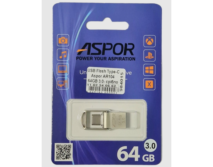 Флешка USB 3.0 Aspor Type-C 64GB AR104, Silver