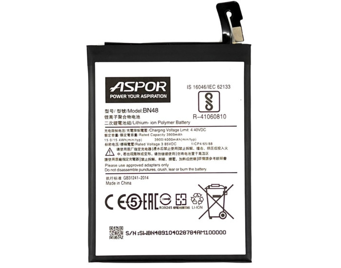 Аккумулятор Aspor Xiaomi BN48, Redmi Note 6 Pro, 3900 mAh