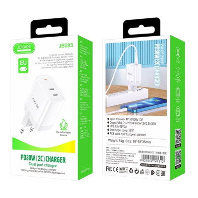 Мережеве зарядний пристрій Jokade JB083 RONGNAN (PD30W / 2 USB-C) Білий