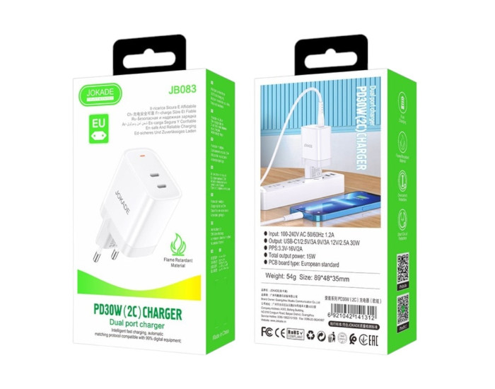 Мережеве зарядний пристрій Jokade JB083 RONGNAN (PD30W/2 USB-C) Білий