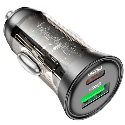 Автомобильное зарядное устройство Borofone (BZ26A) transparent (PD 25W / QC 18W) (USB-A / UCB-C)  Black