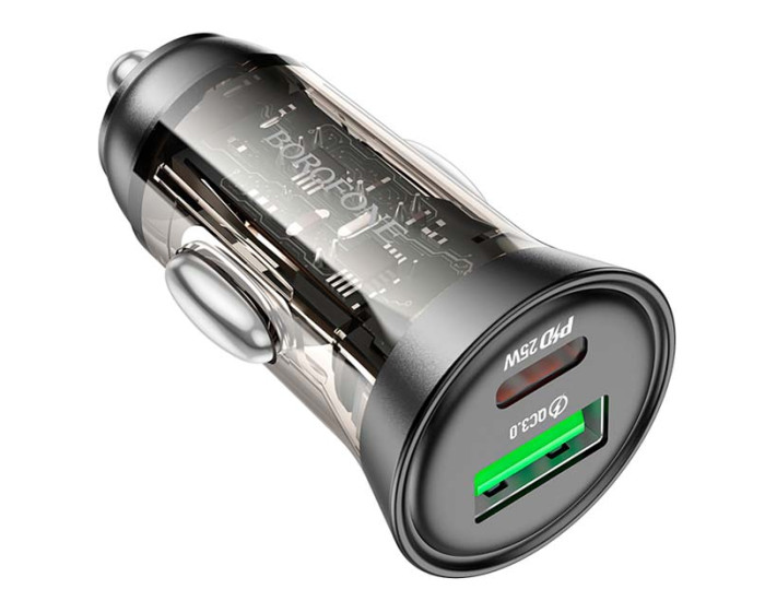Автомобильное зарядное устройство Borofone (BZ26A) transparent (PD 25W / QC 18W) (USB-A / UCB-C)  Black