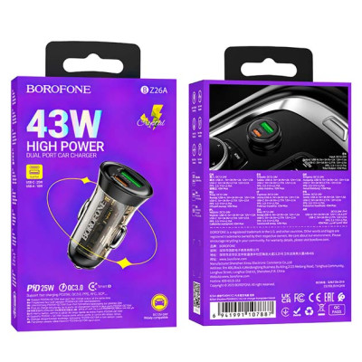Автомобильное зарядное устройство Borofone (BZ26A) transparent (PD 25W / QC 18W) (USB-A / UCB-C)  Black