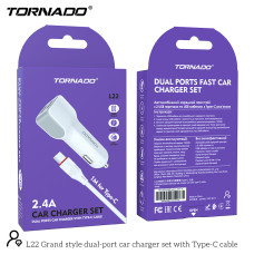 Автомобильное зарядное устройство Tornado L-22 (2USB/2.4A/1м) с кабелем Type-C- белый