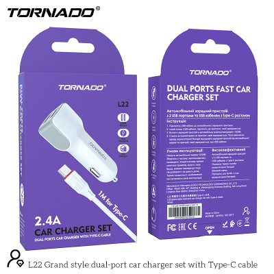 Автомобильное зарядное устройство Tornado L-22 (2USB/2.4A/1м) с кабелем Type-C- белый