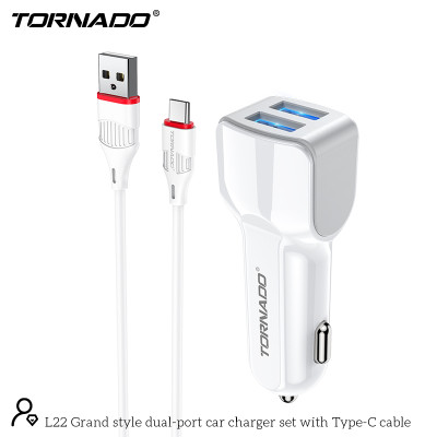 Автомобильное зарядное устройство Tornado L-22 (2USB/2.4A/1м) с кабелем Type-C- белый