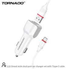 Автомобильное зарядное устройство Tornado L-22 (2USB/2.4A/1м) с кабелем Type-C- белый