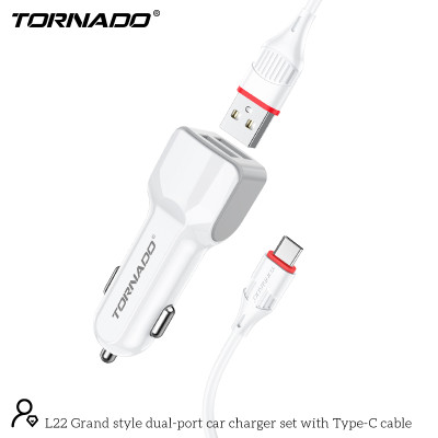 Автомобильное зарядное устройство Tornado L-22 (2USB/2.4A/1м) с кабелем Type-C- белый