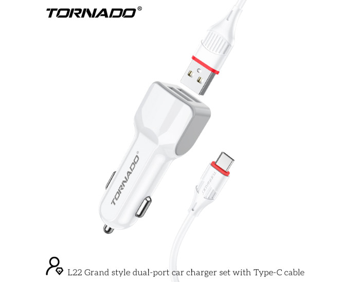 Автомобільне зарядний пристрій Tornado L-22 (2USB/2.4A/1м) з кабелем Type-C- Білий
