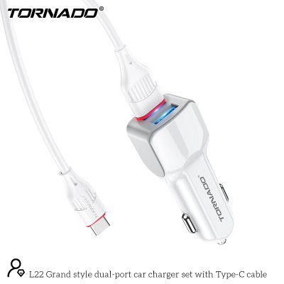 Автомобильное зарядное устройство Tornado L-22 (2USB/2.4A/1м) с кабелем Type-C- белый