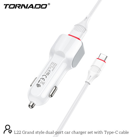 Автомобильное зарядное устройство Tornado L-22 (2USB/2.4A/1м) с кабелем Type-C- белый