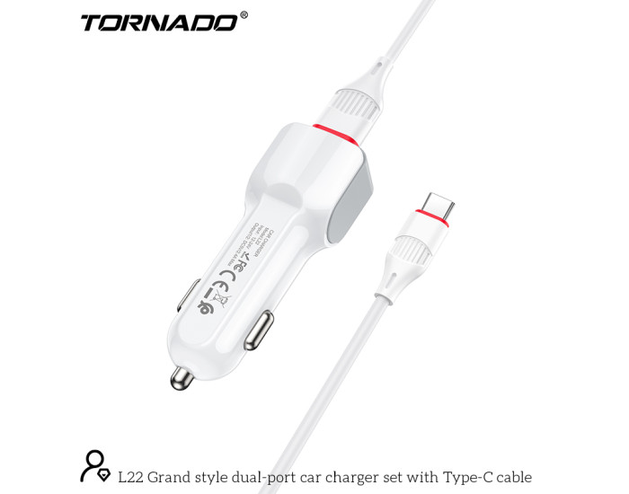 Автомобільне зарядний пристрій Tornado L-22 (2USB/2.4A/1м) з кабелем Type-C- Білий