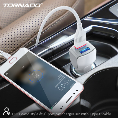 Автомобильное зарядное устройство Tornado L-22 (2USB/2.4A/1м) с кабелем Type-C- белый