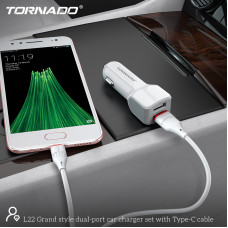 Автомобильное зарядное устройство Tornado L-22 (2USB/2.4A/1м) с кабелем Type-C- белый