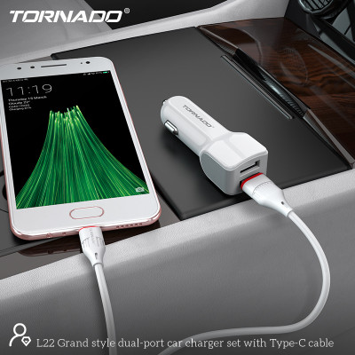 Автомобильное зарядное устройство Tornado L-22 (2USB/2.4A/1м) с кабелем Type-C- белый