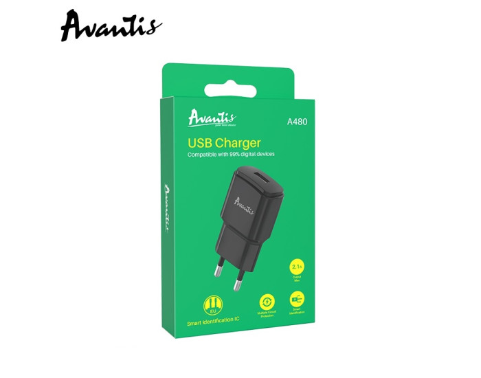 Мережеве зарядний пристрій Avantis A480 Orion (1USB/2.1A) чорний