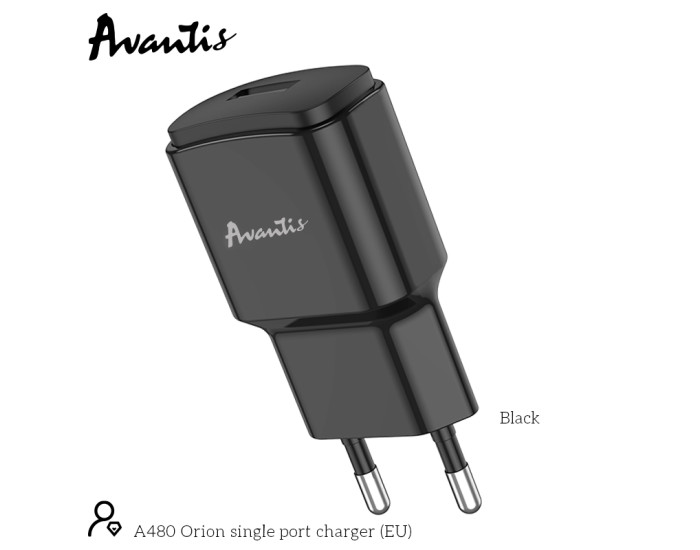 Мережеве зарядний пристрій Avantis A480 Orion (1USB/2.1A) чорний