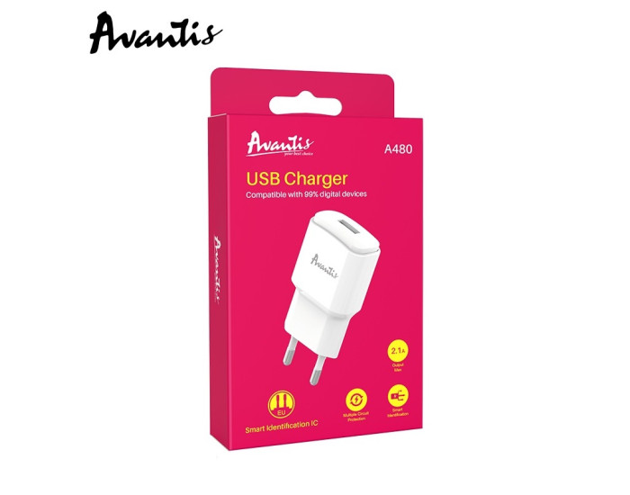 Мережеве зарядний пристрій Avantis A480 Orion (1USB/2.1A) Білий