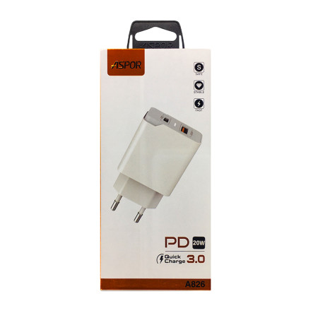Сетевое зарядное устройство Aspor A826 PD 20W + QC Fast Charger Белый