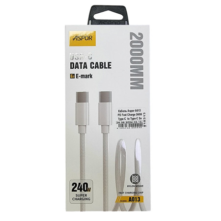 Кабель USB-C Aspor A013 PD Fast Charge Type-C  to Type-C 240W 2м- білий