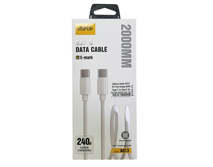 Кабель USB-C Aspor A013 PD Fast Charge Type-C to Type-C (240W/2m) белый