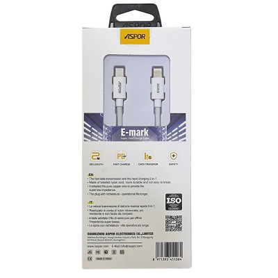 Кабель USB-C Aspor A013 PD Fast Charge Type-C  to Type-C 240W 2м- білий