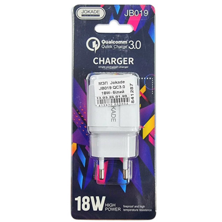 Сетевое зарядное устройство Jokade JB019 HUITU QC3.0 18W Белый