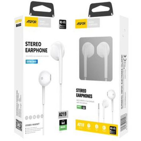 Наушники 3,5 Aspor A219 EarPods с микрофоном. белый