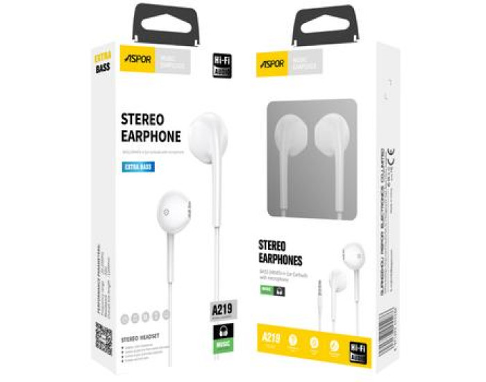 Навушники 3,5 Aspor A219 EarPods з мікрофоном. Білий