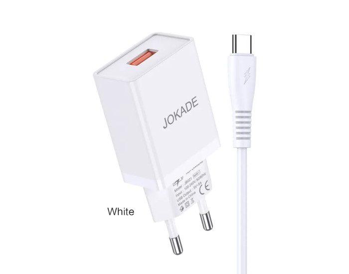 Мережеве зарядний пристрій Jokade JB022 CHANGYU (5A/USB-A) з кабелем Type-C Білий