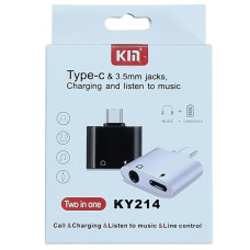 Переходник KIN KY-214 Type-C to AUX 2в1 (3,5mm) (зарядка + наушники). Black
